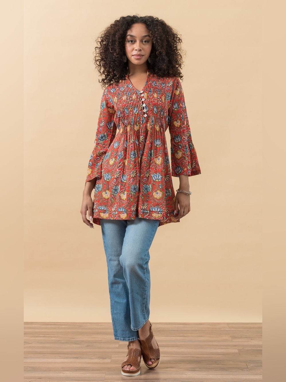 Passementrie Ofelia Blouse, 3/4 Sleeve, Orange Floral Size L
